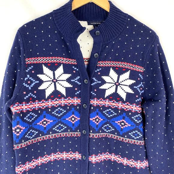 VTG Lands End Fair Isle Cardigan Sweater Women L Blue Cotton‎ Wool Blend Nordic - Picture 3 of 8